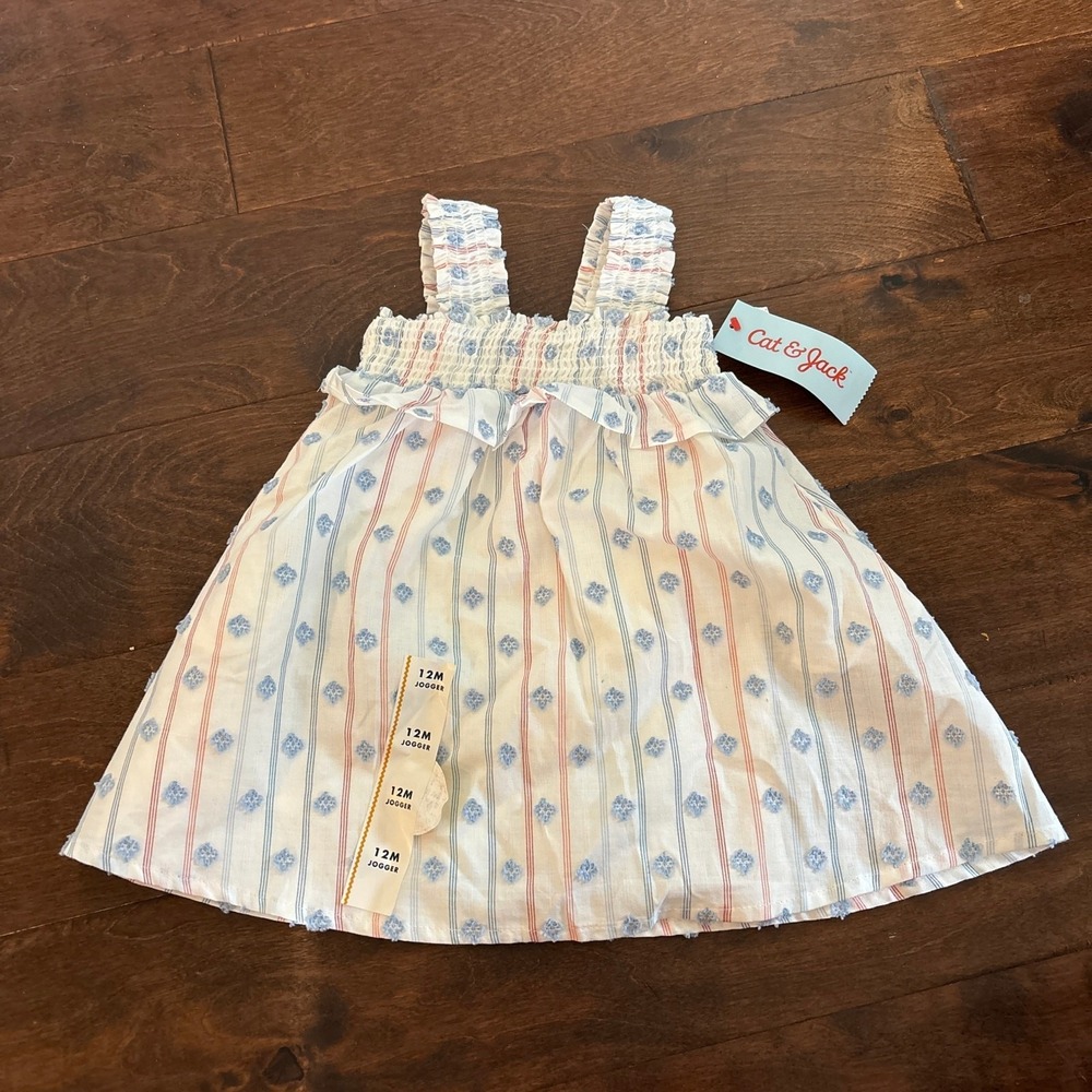 Cat & Jack Girls Sleeveless Smocked Dress Blue White Red Size 12 M Summer USA